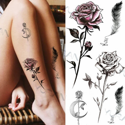 Black Large Snake Flower Fake Tattoo Sticker For Women Dot Rose Peony Temporary Tattoos DIY Water Transfer Tatoos Girls