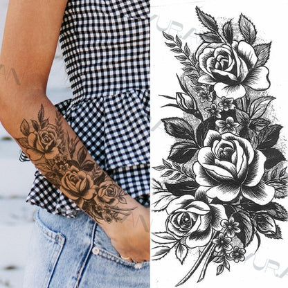 Black Large Snake Flower Fake Tattoo Sticker For Women Dot Rose Peony Temporary Tattoos DIY Water Transfer Tatoos Girls