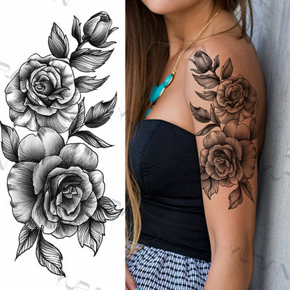 Black Large Snake Flower Fake Tattoo Sticker For Women Dot Rose Peony Temporary Tattoos DIY Water Transfer Tatoos Girls