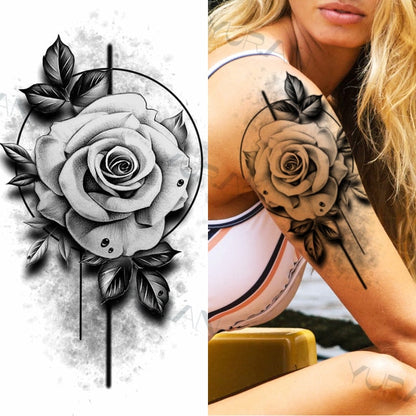 Black Large Snake Flower Fake Tattoo Sticker For Women Dot Rose Peony Temporary Tattoos DIY Water Transfer Tatoos Girls