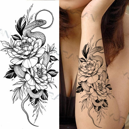 Black Large Snake Flower Fake Tattoo Sticker For Women Dot Rose Peony Temporary Tattoos DIY Water Transfer Tatoos Girls