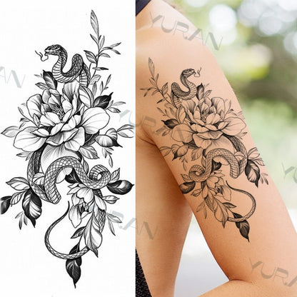 Black Large Snake Flower Fake Tattoo Sticker For Women Dot Rose Peony Temporary Tattoos DIY Water Transfer Tatoos Girls