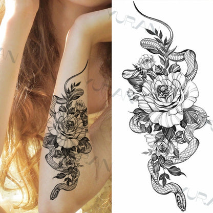 Black Large Snake Flower Fake Tattoo Sticker For Women Dot Rose Peony Temporary Tattoos DIY Water Transfer Tatoos Girls