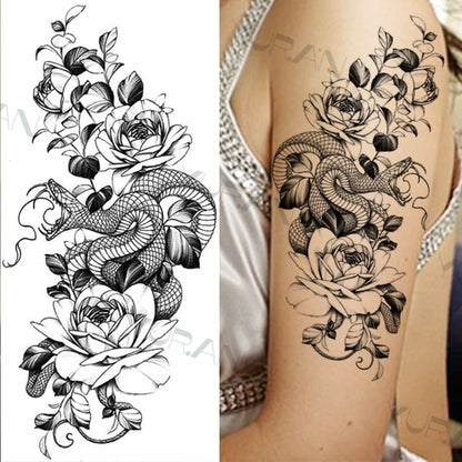 Black Large Snake Flower Fake Tattoo Sticker For Women Dot Rose Peony Temporary Tattoos DIY Water Transfer Tatoos Girls