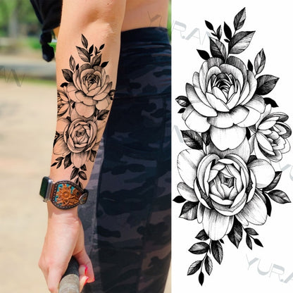 Black Large Snake Flower Fake Tattoo Sticker For Women Dot Rose Peony Temporary Tattoos DIY Water Transfer Tatoos Girls