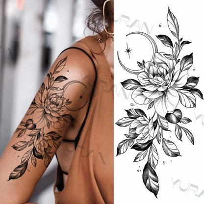 Black Large Snake Flower Fake Tattoo Sticker For Women Dot Rose Peony Temporary Tattoos DIY Water Transfer Tatoos Girls