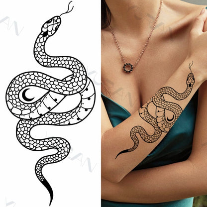 Black Large Snake Flower Fake Tattoo Sticker For Women Dot Rose Peony Temporary Tattoos DIY Water Transfer Tatoos Girls