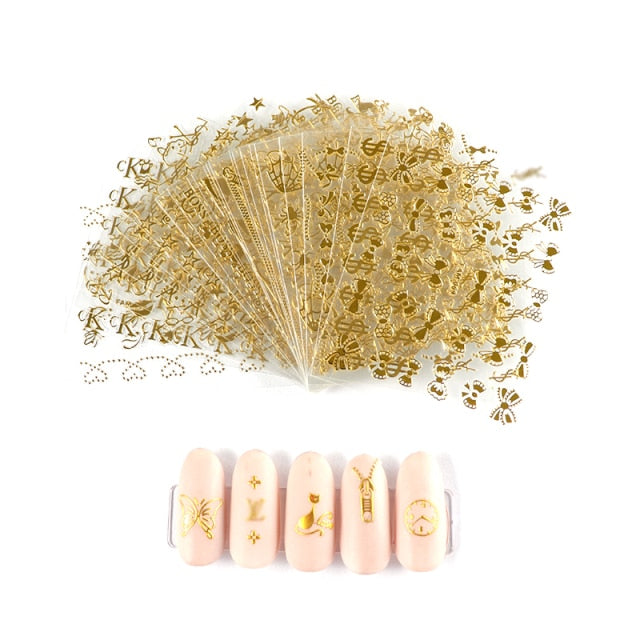 30pcs/set 3D Butterfly Gold Nail Sticker Set Mixed Design Nail Art Paper Flower Letter Decal Slider Wraps Nail Decor Manicure