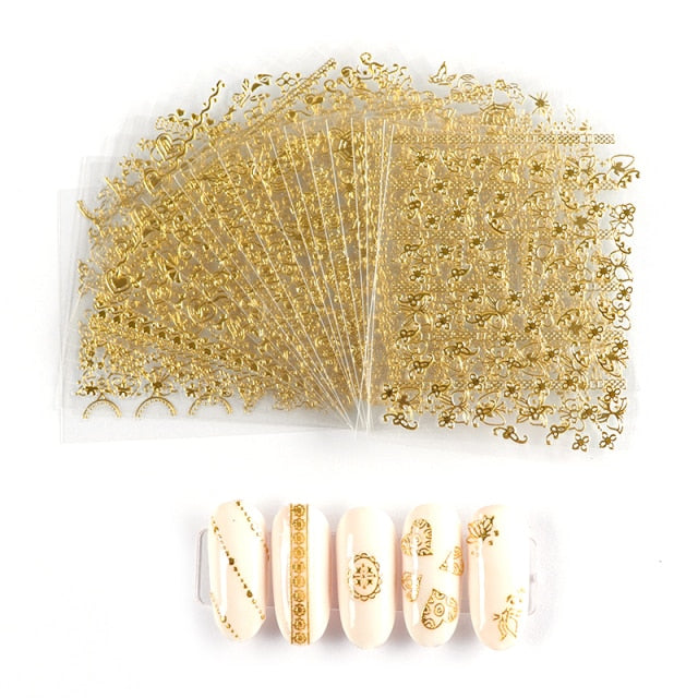 30pcs/set 3D Butterfly Gold Nail Sticker Set Mixed Design Nail Art Paper Flower Letter Decal Slider Wraps Nail Decor Manicure