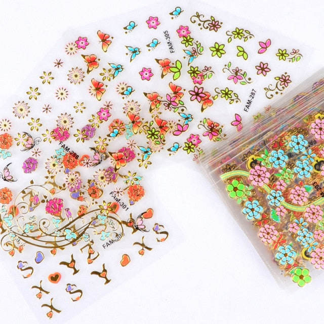 30pcs/set 3D Butterfly Gold Nail Sticker Set Mixed Design Nail Art Paper Flower Letter Decal Slider Wraps Nail Decor Manicure