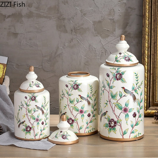 Vintage European Flower and Bird Ceramic Storage Jar Vase Decoration Porcelain Art Crafts Tea Coffee Beans Candy Storage Jar New