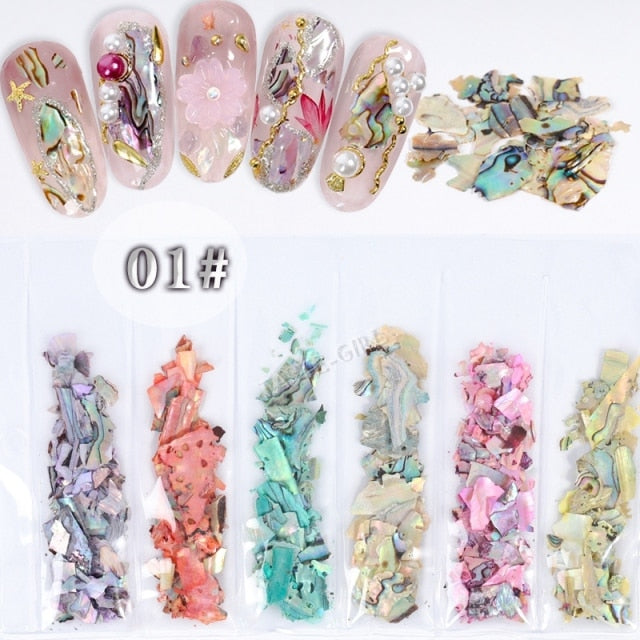 1Pack Mix 6 Beauty Color-changing Abalone Natural Sea Shell Fragments Texture Nail Art Flakes Decoration Slice DIY Manicure AB