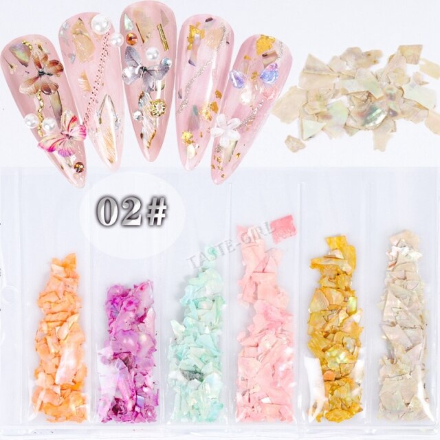 1Pack Mix 6 Beauty Color-changing Abalone Natural Sea Shell Fragments Texture Nail Art Flakes Decoration Slice DIY Manicure AB