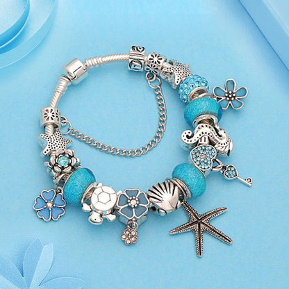 Ocean Animal Holiday Beach Charm Bracelet Blue Flower Key Crystal Bead Bracelets &amp; Bangles Tibetan Silver Jewelry Diy Making