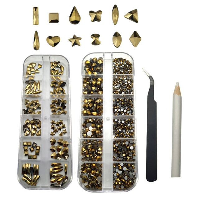 120 Pcs Multi shapes Crystals Nail Rhinestones and 2000 pcs AB Nail Art Rhinestones Flat back Gems Stone For Nail Decorations