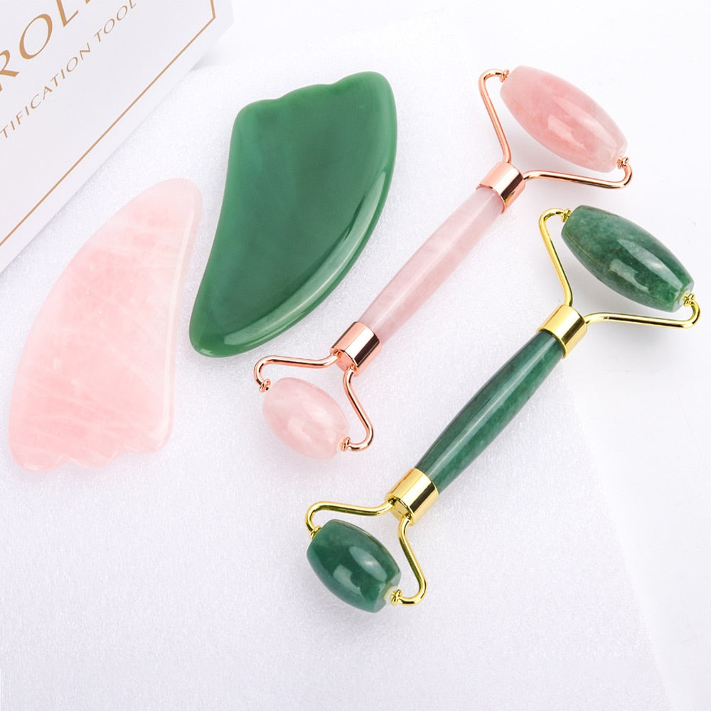 Natural Rose Quartz Roller Facial Jade Roller Stone Gua sha Scraper Face Lifting Massage Skin Eye Body Massager Beauty Care Tool