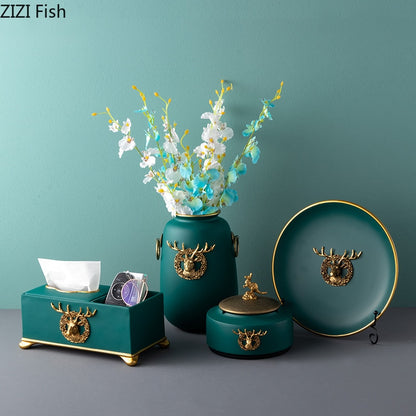 Modern Dark Green Deer Head Tissue Box Storage Box Candy Fruit Tray Flower Vase Resin Ceramic Exquisite Crafts Luxury Home Decor