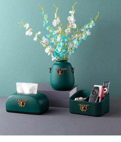 Modern Dark Green Deer Head Tissue Box Storage Box Candy Fruit Tray Flower Vase Resin Ceramic Exquisite Crafts Luxury Home Decor