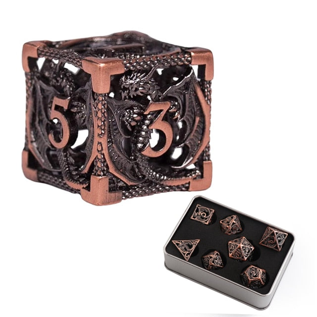 7pcs Pure Copper Hollow Metal Dice Set D&D Metal Polyhedral Dice Set for DND Dungeons and Dragons Role Playing Games