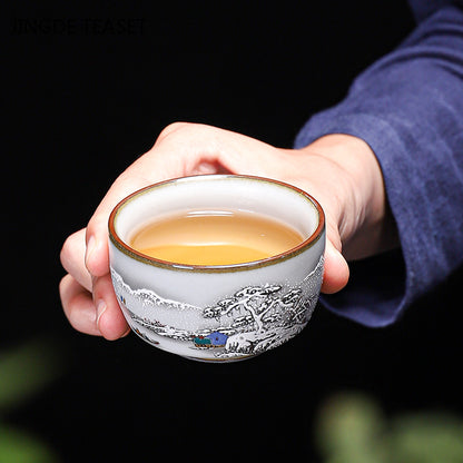 Chinese Ru Kiln Ceramics Teacup Exquisite Hand-painted Pattern Single Cup Tea Bowl Master Cups Individual Cup Handmade Teaware