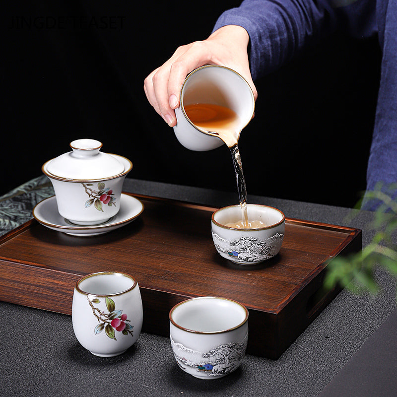 Chinese Ru Kiln Ceramics Teacup Exquisite Hand-painted Pattern Single Cup Tea Bowl Master Cups Individual Cup Handmade Teaware