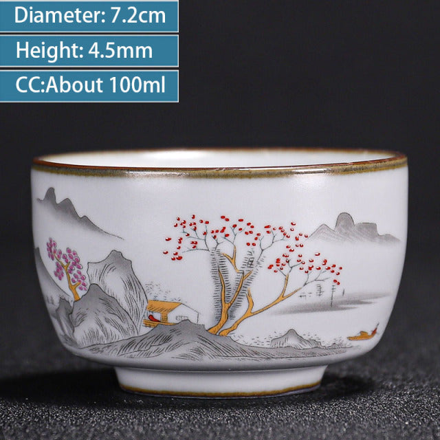 Chinese Ru Kiln Ceramics Teacup Exquisite Hand-painted Pattern Single Cup Tea Bowl Master Cups Individual Cup Handmade Teaware