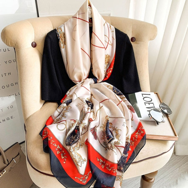 180*90cm Designer Silk Scarf Foulard Bandana Long Lrage Shawl Wrap Lady Hijab muffler women female beach sunscreen pareo fashion