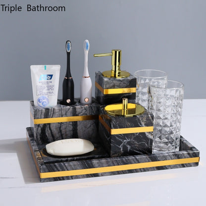 Nordic Bathroom Kit Marble Liquid Soap Dispenser Toothbrush Holder Mouth Cup Cotton Swab Box Soap Dish Tissue Box Washing Tools