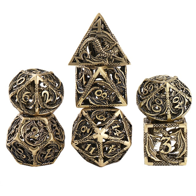 7pcs Pure Copper Hollow Metal Dice Set D&D Metal Polyhedral Dice Set for DND Dungeons and Dragons Role Playing Games