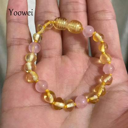 Yoowei Baby Amber Bracelet Teething Necklace with Natural Rose Quartz Gemstone Knotted Baltic Amber Jewelry Gifts for Kids Women