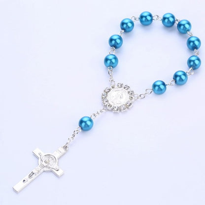 Catholic Religious Rosary Jesus Charm Bracelets Cross Bless Colorful Imitation Pearl Accessories Rosary Kids Baptism Link Chains