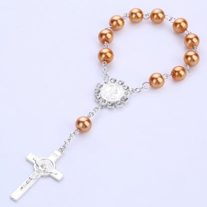 Catholic Religious Rosary Jesus Charm Bracelets Cross Bless Colorful Imitation Pearl Accessories Rosary Kids Baptism Link Chains