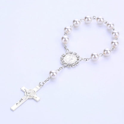 Catholic Religious Rosary Jesus Charm Bracelets Cross Bless Colorful Imitation Pearl Accessories Rosary Kids Baptism Link Chains