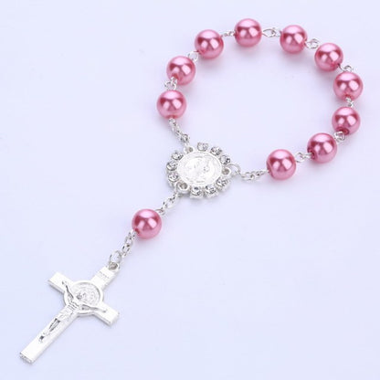 Catholic Religious Rosary Jesus Charm Bracelets Cross Bless Colorful Imitation Pearl Accessories Rosary Kids Baptism Link Chains