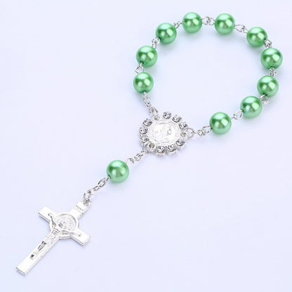 Catholic Religious Rosary Jesus Charm Bracelets Cross Bless Colorful Imitation Pearl Accessories Rosary Kids Baptism Link Chains