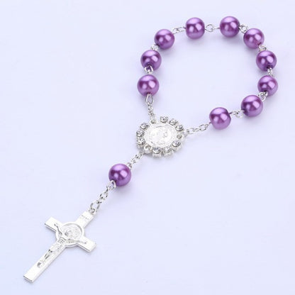 Catholic Religious Rosary Jesus Charm Bracelets Cross Bless Colorful Imitation Pearl Accessories Rosary Kids Baptism Link Chains