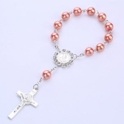 Catholic Religious Rosary Jesus Charm Bracelets Cross Bless Colorful Imitation Pearl Accessories Rosary Kids Baptism Link Chains