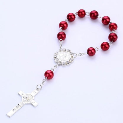 Catholic Religious Rosary Jesus Charm Bracelets Cross Bless Colorful Imitation Pearl Accessories Rosary Kids Baptism Link Chains